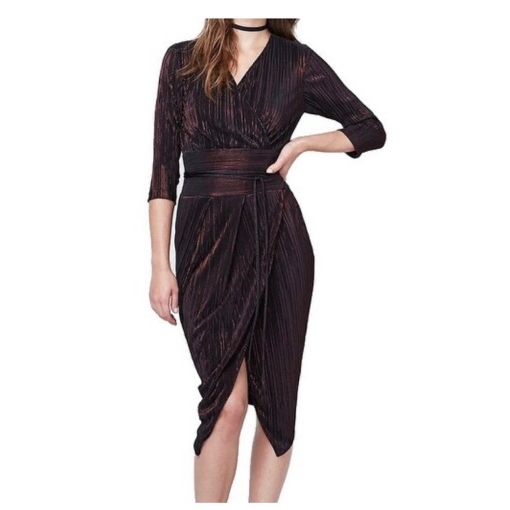 Rachel Roy Burgundy Black Metallic Pleated Dress